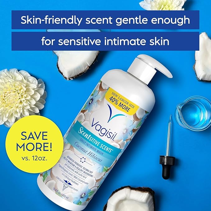 Vagisil Feminine Wash for Intimate Area Hygiene, Scentsitive Scents, pH Balanced and Gynecologist Tested, Coconut Hibiscus, 16.9 oz with Pump (Pack of 2)