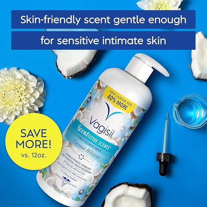 Vagisil Feminine Wash for Intimate Area Hygiene, Scentsitive Scents, pH Balanced and Gynecologist Tested, Coconut Hibiscus, 16.9 oz with Pump (Pack of 2)