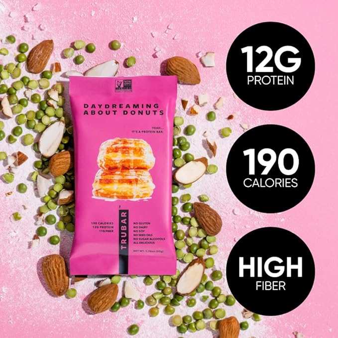 TRUBAR Vegan Protein Bar, Daydreaming About Donuts, Gluten Free, Plant Based, High Fiber, Dairy Free, Non GMO, Low Fat, No Sugar Alcohols, 12G Lean Protein, 13G Fiber, Healthy Snack Bars, 12 CT
