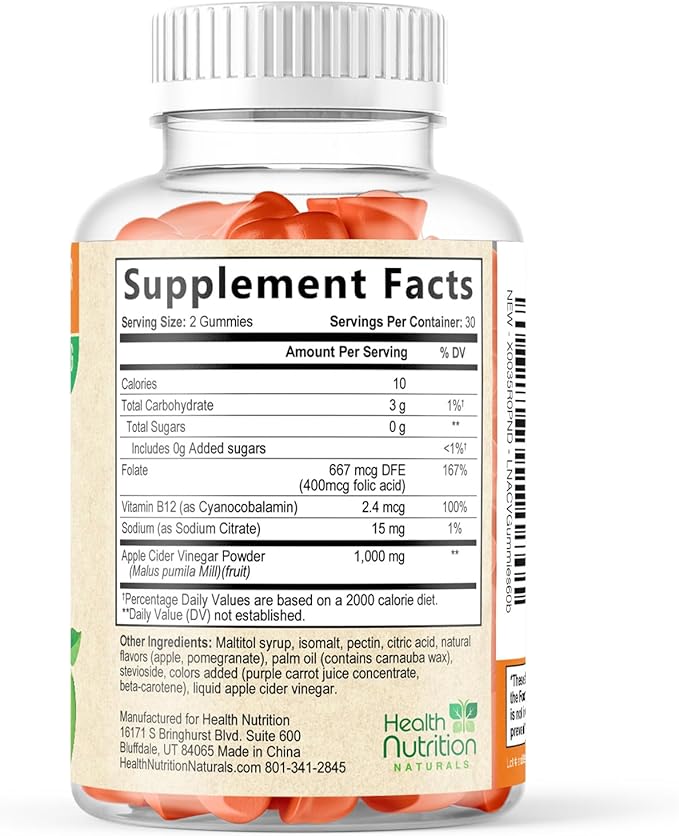 Apple Cider Vinegar Gummies - Sugar Free - Apple Cider Vinegar Powder 1000mg Per Serving - Max Strength ACV Gummy Vitamins - B12 & The Mother - Metabolism & Energy Support - Keto & Vegan - 60 Gummies