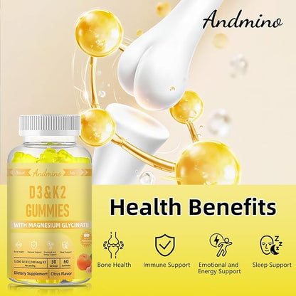 Vitamin D3 K2 Magnesium Gummies | 5000IU D3 + 100mcg K2 MK-7 + 150mg Magnesium Glycinate | for Bone, Immune & Sleep Support | Non-GMO, Vegan, Gluten Free | Citrus Flavor, 60 Count