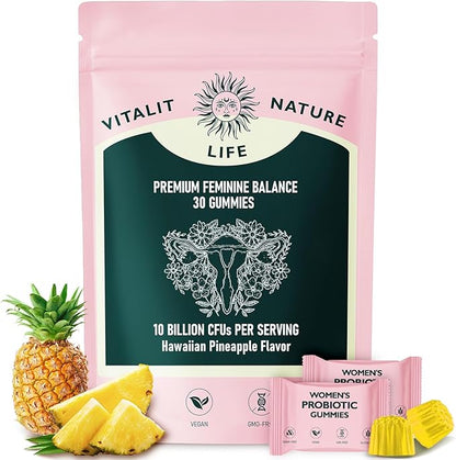 Premium Feminine Balance Gummies for Women, Feminine Balance & Digestive Support, Immune Support, Vegan & Gluten Free, Hawaiian Pineapple Flavor, 30 Gummies