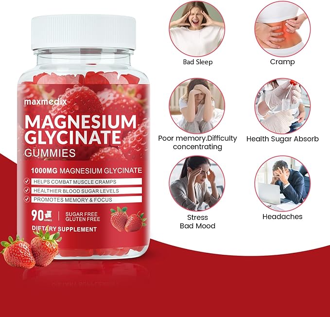 Magnesium Glycinate Gummies 1000mg, Sugar Free Magnesium Potassium Supplements Chewable for Adults with L-Threonate for Sleep, Body Support and Relaxation,90 Strawberry Gummies
