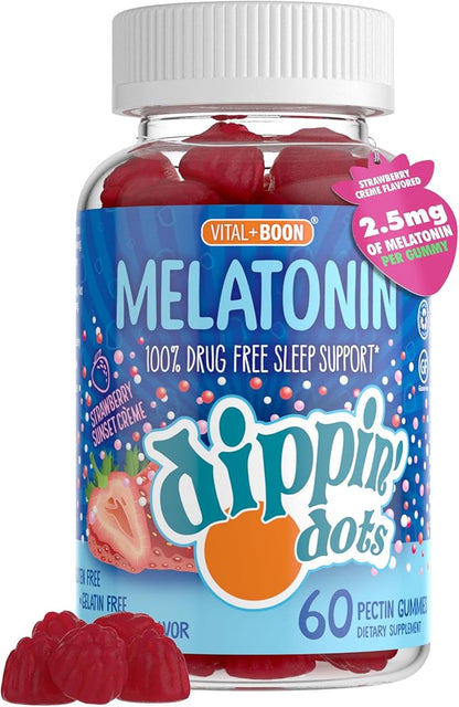 Dippin' Dots - Melatonin Gummies for Kids & Adults (30 Day Supply) Strawberry Sunset Creme Flavor | 2.5mg Per Kids Melatonin Supplement for Faster & Longer Sleep | Gummies for Children (60 Count)