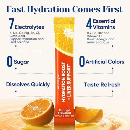 Venture Pal Hydration Packets + Liver Support- Liquid Daily IV Electrolyte Powder Packets with 7 Electrolytes & 5 Vitamins, Milk Thistle + L-Theanine | Sugar-Free | Keto Friendly | Vegan, 16 Sticks