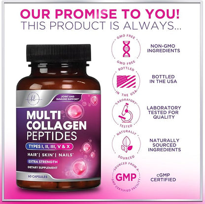 Multi Collagen Peptides Complex - Advanced Hydrolyzed Collagen Supplement Pills with Type I, II, III, V & X - Hair, Skin, Nail & Joint Support Supplement for Women & Men - USA Bottled - 60 Capsules