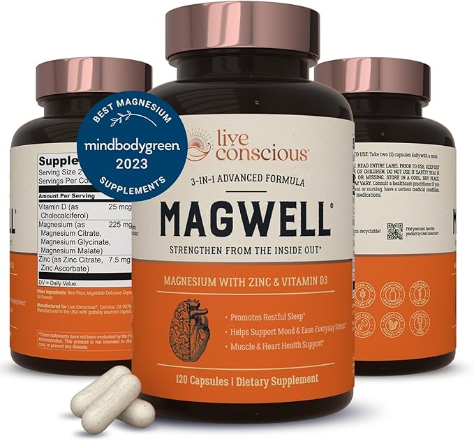 Live Conscious Magnesium Zinc & Vitamin D3 - Bioavailable Forms of Magnesium - Malate, Glycinate, Citrate - MagWell Bone & Heart Health, Immune System Support - 120 Capsules (2-Pack)