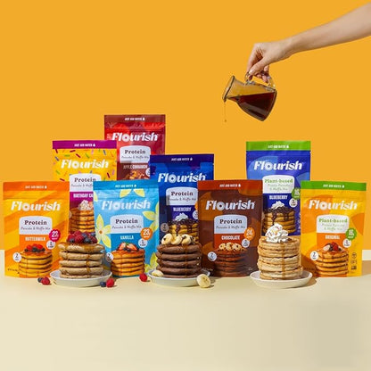 Flourish Plant-Based Protein Pancake & Waffle Mix, Gluten-Free, Dairy-Free, Nut-Free, Soy-Free, Vegan, Non-GMO, All-Natural Superfood, High Protein & Fiber, Just Add Water - Original, 430 g (2 Pack)