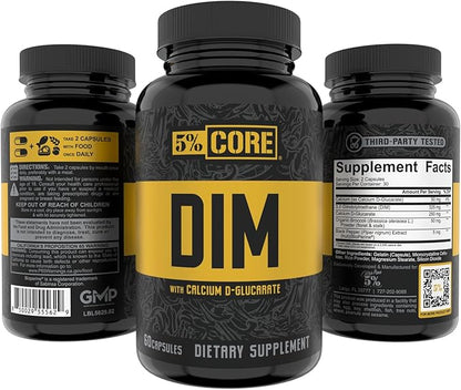 5% Nutrition Core DIM Supplement | Estrogen Regulation Support for Men & Women | Natural Diindolylmethane w/Calcium D-Glucarate, Organic Broccoli Powder + Bioperine (30 Servings / 60 VegCaps)