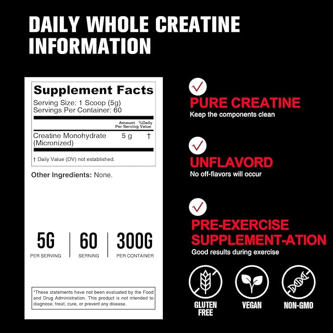 5000mg Creatine Monohydrate Micronized Powder, Pure Unflavored Micronized Creatine Monohydrate 300g (60 Servings) Nutritional Supplements for Men & Women Sugar-Free, Non-GMO with Scoop