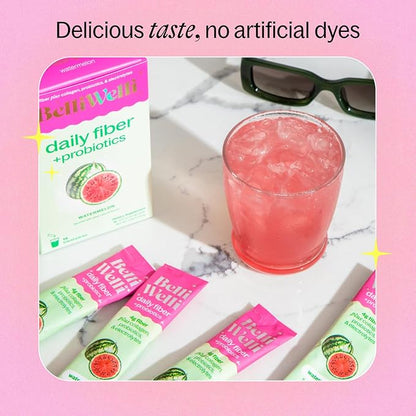 Belli Welli Daily Fiber Supplement Packets with Collagen, Probiotics & Electrolytes | Single Serve Packets for Gut Health, Digestion & Debloating | Watermelon | 10 Count