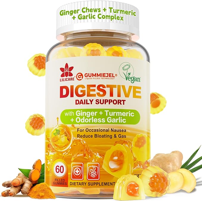 LILICARE Ginger Chews Gummies for Nausea & Digestive Support, Stomach Relief - Sugar Free with Turmeric & Odorless Garlic, Quercetin, Vitamin D3, C, Delicious Digestive Supplements, 60Cts (Pack of 1)