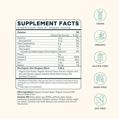 Ora Organic Vegan Collagen-Boosting Powder for Women and Men - Hair, Skin, & Nails Support - Bamboo Silica, Plant-Based Protein, Organic Vitamin C, Aloe Vera - Vanilla Flavor, 20 Servings
