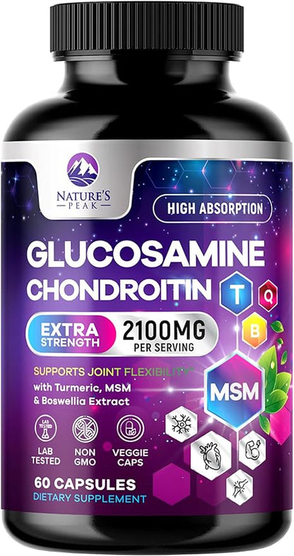 Glucosamine Chondroitin & MSM - 3x Strength Joint Support Supplement for Mobility & Comfort - Glucosamine Complex with Turmeric, Boswellia, Bromelain & Quercetin - Bottled in USA - 60 Capsules