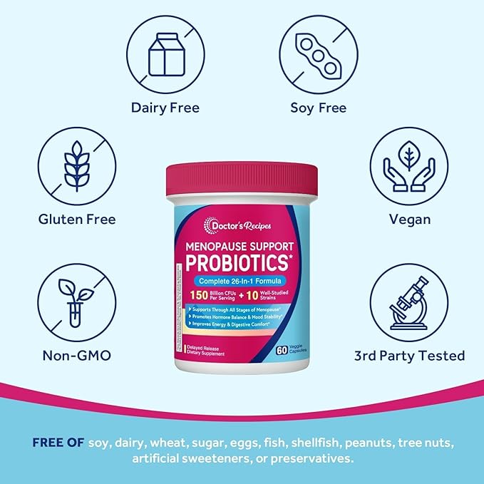 Doctor's Recipes Menopause Probiotic Supplements for Women, Black Cohosh for Menopause Hot Flashes, Probiotics with Ashwagandha, Dong Quai, Supports Energy, 60 Capsules