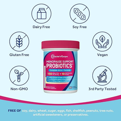 Doctor's Recipes Menopause Probiotic Supplements for Women, Black Cohosh for Menopause Hot Flashes, Probiotics with Ashwagandha, Dong Quai, Supports Energy, 60 Capsules