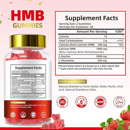 HMB Gummies for Women 1000mg HMB: 1500mg L-Leucine 500mg L-Glutamine Muscle & Bone Support with Calcium Sugar-Free Non-GMO Strawberry Flavor 60 Gummies