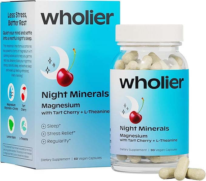 wholier Magnesium Glycinate, L-Theanine, Tart Cherry Juice. Natural Support for Sleep, Stress + Relaxation. Melatonin-Free. Night Minerals. (60 Vegan Capsules) Glass Bottle