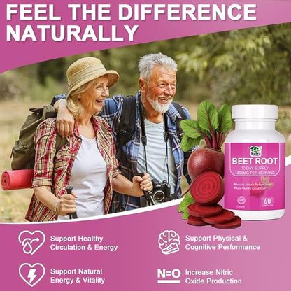 Beet Root Capsules Organic - 1300mg Beetroot Powder Capsules for Natural Energy - 60 Vegan Beetroot Supplement Supports Blood Pressure, Athletic Performance, Digestive, Immune System (Beetroot)