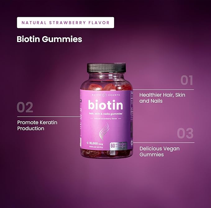 NutraChamps (2 Pack) Biotin Gummies 10,000mcg [High Potency] for Healthy Hair, Skin & Nails for Adults & Kids - 5000mcg in Each Gummy Vitamin - Vegan, Non-GMO, Pectin-Based Hair Health Supplement