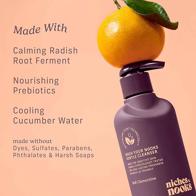 Niches & Nooks Gentle Nooks Cleanser – Soft Clementine – pH Balanced Feminine Wash for Women, Daily Intimate Cleanser, Odor Control, Sensitive Skin Safe – 7 oz