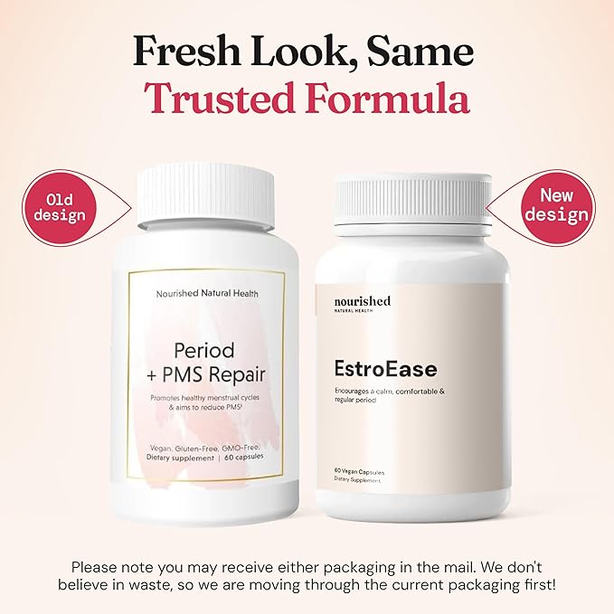Nourished Natural Health EstroEase – Hormone Balance for Women, Menstrual Cycle and PMS Support Supplement for Women - PMS Relief from Cramps, Bloating and Mood Swings – Vegan, Non-GMO – 240 Capsules