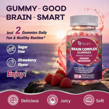 Migcopat Brain Supplements for Memory & Focus – Nootropic Gummies w/Bacopa, Lion’s Mane, Ginkgo & 10-in-1 Mushroom Complex, Mental Clarity & Cognitive Support, Caffeine-Free Strawberry Flavor 60 Cts