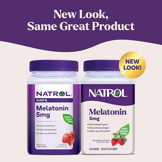 Natrol 5mg Melatonin Gummies, Sleep Support for Adults, Melatonin Supplements for Sleeping, 140 Strawberry-Flavored Gummies, 70 Day Supply