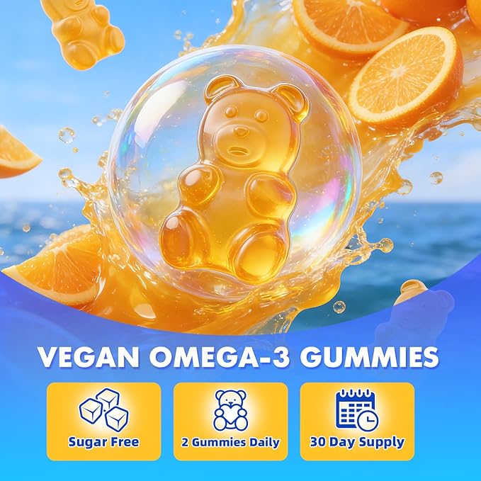 Vegan Omega-3 Gummies - 1600mg with 600mg EPA & 400mg DHA. High Absorption Formula. Delicious Orange Flavor - 60 Gummies