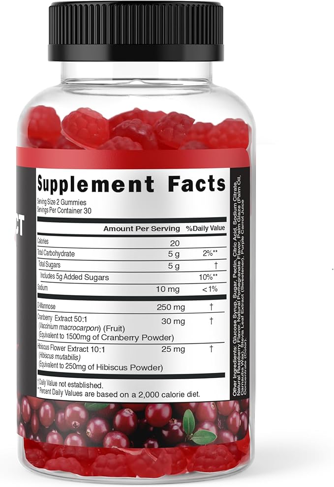 Potent Cranberry Gummies with D Mannose - Urinary Tract Health for Women & Men, Urinary Flush & Bladder Fast-Acting Support Supplements with Hibiscus Powder, 60 Count