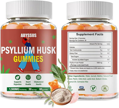 ABYSSUS Psyllium Gummies – Psyllium Husk Fiber Supplement 1500mg for Digestive Health, Sugar Free Chewable Bloating Relief & Regularity, Peach, 60 Count