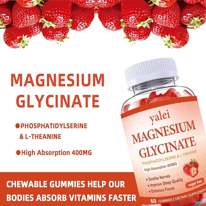 Magnesium Glycinate Gummies 400mg with L-Theanine,Phosphatidylserine–Sleep, Stress & Muscle Relief, for Adults & Kids, Non-GMO, Vegan, Sugar Free,60 Gummie Strawberry Flavor