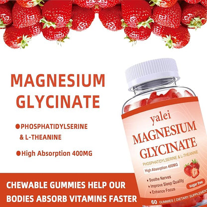 Magnesium Glycinate Gummies 400mg with L-Theanine,Phosphatidylserine–Sleep, Stress & Muscle Relief, for Adults & Kids, Non-GMO, Vegan, Sugar Free,60 Gummie Strawberry Flavor