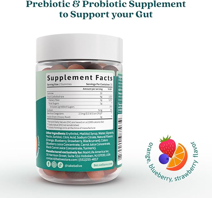 BeLive Synbiotics - Probiotic & Prebiotic Fiber Gummies – High Strength Inulin (3g), Dietary Fiber Supplement, Digestive Support for Kids & Adults - Strawberry, Orange, Blueberry Flavor | 2-Pack