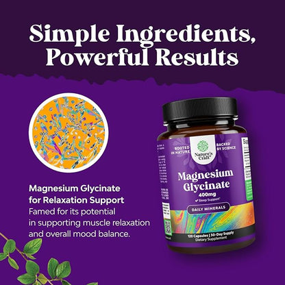 Pure Magnesium Glycinate Supplement 400mg Per Serving - Vegan High Absorption Chelated Magnesium Capsules for Women & Men with Elemental 400mg for Mood Sleep and Relaxation Support - 120 Count