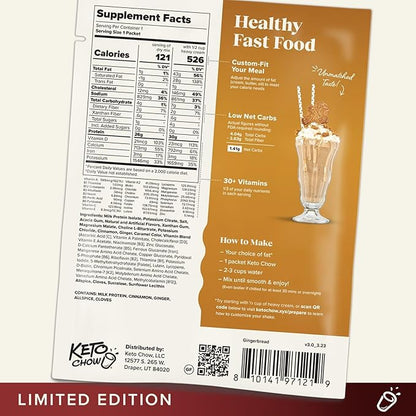 Keto Chow Gingerbread | Keto Meal Replacement Shake Powder | Nutritionally Complete Food | Low Carb Keto Meals | Delicious Easy Meal Substitute Drink | Protein Rich You Choose The Fat | Single Meal
