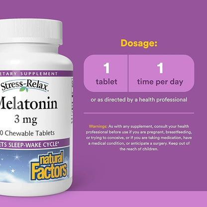 Stress-Relax Melatonin 3 mg by Natural Factors, Natural Sleep Aid, Resets the Sleep-Wake Cycle, 90 chewable tablets (90 servings), Peppermint Flavor