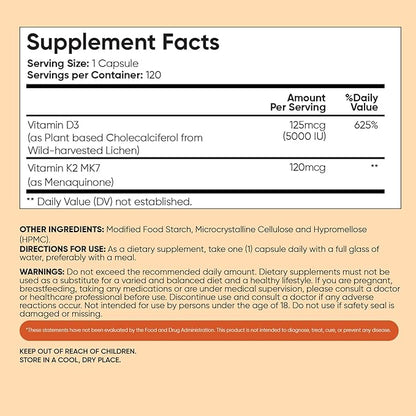 WeightWorld Vitamin D3 K2 5000IU Capsules for Bone Strength & Immune Health - 4 Months Supply Vitamin D3 and K2 Supplements - 120 Vegan D3 K2 Capsules for Women and Men, Non-GMO, Gluten-Free