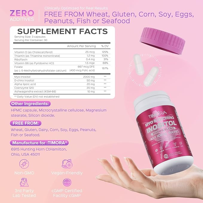 TIMORA Premium Myo & D-Chiro Inositol Supplement 40:1 Ratio for Women - 10-in-1 Formula with Folate, Vitamin D3 & Ashwagandha for Hormonal Balance