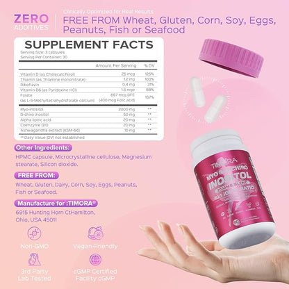 TIMORA Premium Myo & D-Chiro Inositol Supplement 40:1 Ratio for Women - 10-in-1 Formula with Folate, Vitamin D3 & Ashwagandha for Hormonal Balance
