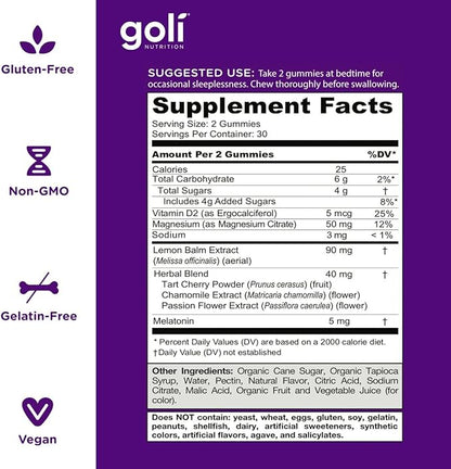 Goli Dreamy Sleep Gummy - 60 Count - Melatonin, Vitamin D, Magnesium, and Lemon Balm Extract - Gelatin-Free, Gluten-Free, Vegan & Non-GMO