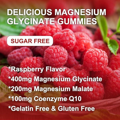 Magnesium Glycinate Gummies - 400mg Magnesium Glycinate Gummy with Vitamin D, B6, and CoQ10, Magnesium Supplement for Relaxation and Cognition, Sugar Free - 60 Raspberry Gummies (2 Pack)