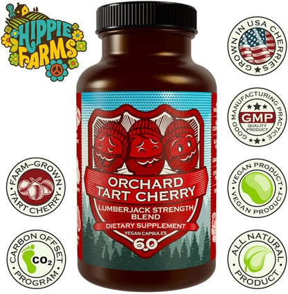 Tart Cherry Capsules Grown in USA - Lumberjack Strength Blend - Tart Cherry Powder with Bilberry (60 Count)