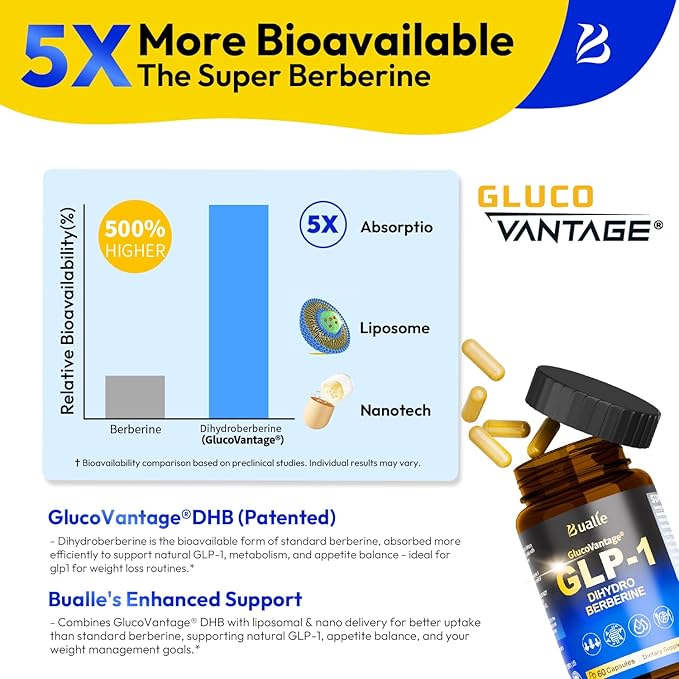Bualle Support GLP-1 Supplement Weight Loss | GlucoVantage® DHB + Akkermansia Probiotic | Super Berberine for 5X Bioactive Appetite, Metabolic & Gut Support, 60ct | Perfect with Sea Moss Capsules