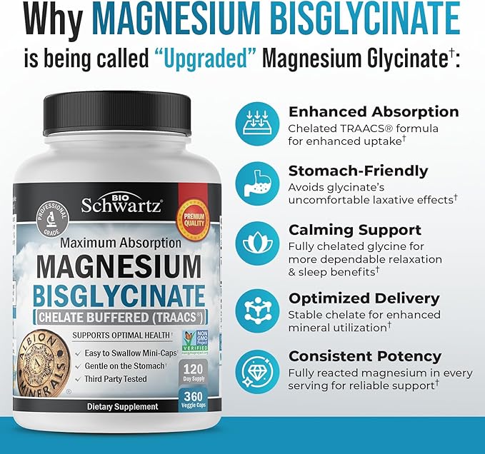 Magnesium Bisglycinate Chelated Supplement - High Absorption Magnesium Glycinate Supplement for Women and Men - Sleep, Muscle, Bone & Joint Support - Non-GMO, Non-Laxative Chelate - 360 Capsules