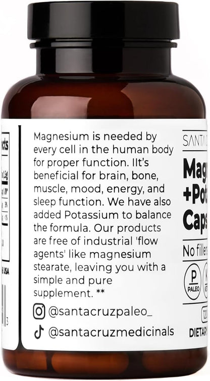 Santa Cruz Paleo Magnesium + Potassium Caps, Supplement for Men and Women, Paleo, Keto, Sugar & Gluten Free, Magnesium Glycinate 166mg and Potassium Citrate 38mg per Serving, American Made, 120 Caps