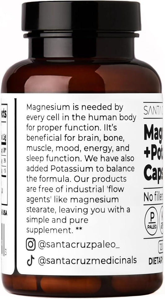 Santa Cruz Paleo Magnesium + Potassium Caps, Supplement for Men and Women, Paleo, Keto, Sugar & Gluten Free, Magnesium Glycinate 166mg and Potassium Citrate 38mg per Serving, American Made, 120 Caps