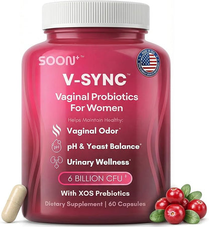 SOON+ Vaginal Probiotics for Women, V-Sync Vaginal Probiotic with Lactobacillus, Cranberry & Prebiotics, Support pH Balance for Women, Urinary Health Digestive Support, 6 Billion CFU, 60 Capsules