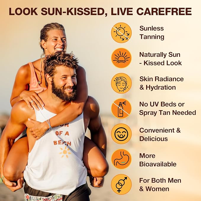 Tanning Gummies with Astaxanthin for Women and Men | Sunless Tanning Supplement with Beta Carotene, Lycopene, Collagen & Vitamins | Skin Radiance & Hydration | Vegan & Sugar Free - 120 Count
