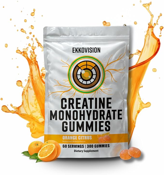 Ekkovision Creatine Monohydrate Gummies for Men and Women, Orange Citrus Flavor, Sugar Free Creatine Gummies for Pre Workout, Muscle Strength and Recovery, Vegan & Travel Friendly, 300 Ct, 60 Servings